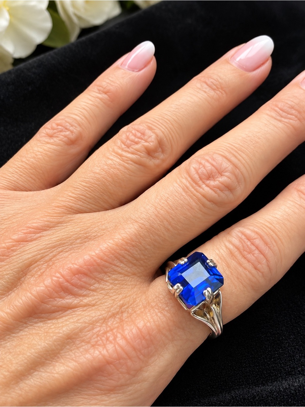 Blue Sapphire 925 Sterling Silver Statement Ring Large Emerald Cut Style